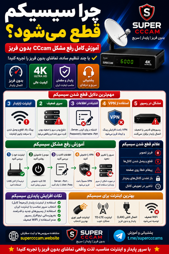 چرا سیسیکم قطع میشود آموزش کامل رفع مشکل CCcam بدون فریز