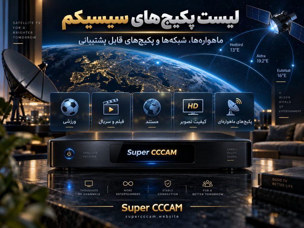 پوستر لیست پکیجهای سیسیکم Super CCCAM با نمایش ماهوارهها، شبکهها و پکیجهای قابل پشتیبانی