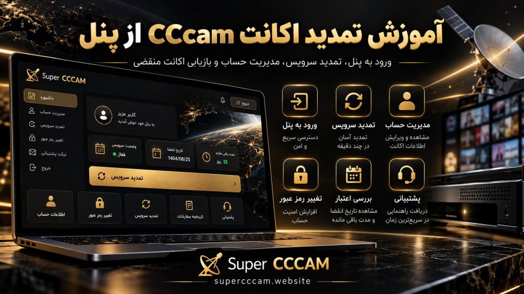 پوستر آموزش تمدید اکانت CCcam از پنل Super CCCAM با نمایش مدیریت حساب، تمدید سرویس و بررسی اعتبار اکانت